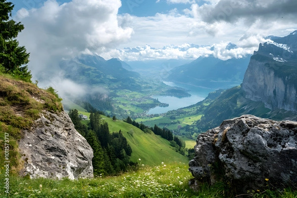 Fototapeta Breathtaking Aerial View of Swiss Mountain Landscape with Lush Greenery and Clear Lake