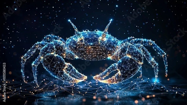 Fototapeta This artwork features a crab made of interlacing, twinkling patterns and glowing nodes in an exquisite blend of cosmic elements, presenting grandeur and divinity.