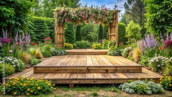 Fototapeta A wooden platform nestled amongst vibrant flowers and lush greenery, providing a serene space for contemplation and tranquility.