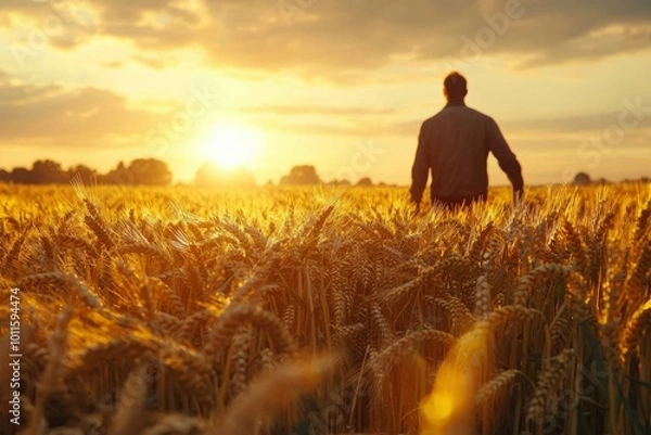 Fototapeta A lone figure walking through a field of golden wheat at sunset.