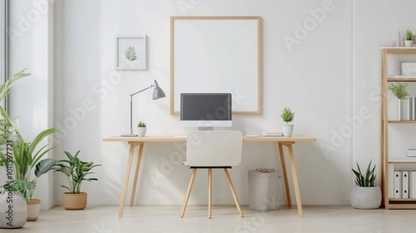 Fototapeta Modern home office setup with plants and a computer on a wooden desk.