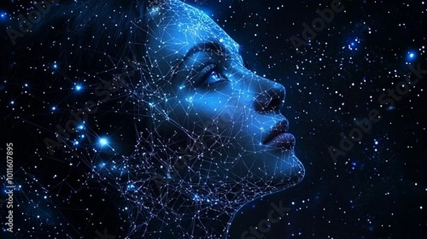 Fototapeta Portrait of a woman's face intricately crafted from thousands of digital stars and lines, seamlessly blending elements of beauty, cosmos, imagination, and technology.