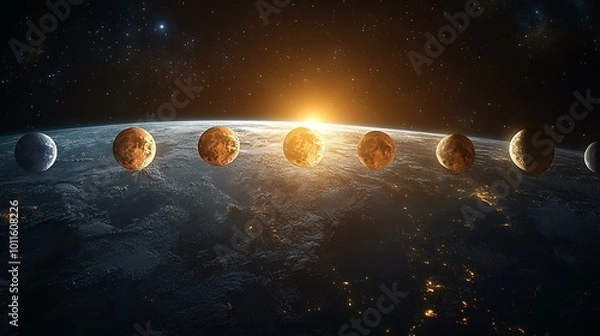 Obraz an A visual representation of the phases of the Moon and their positions relative to the Earth and Sun.