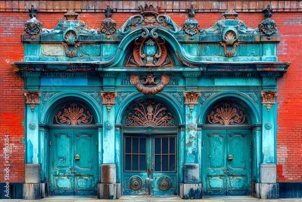 Fototapeta Architectural details of an urban theater entrance.