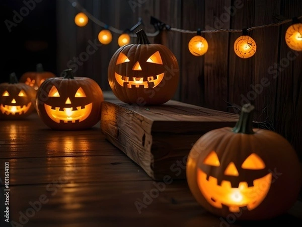Obraz Halloween with Candles and String Lights on a Wooden Table. ai  generate