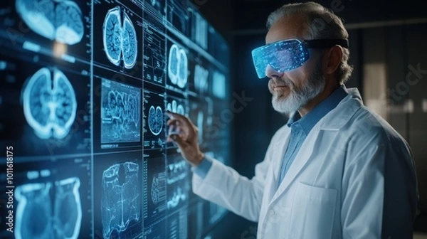 Fototapeta The medical doctor of the future uses augmented reality through AR goggles and a VR interface