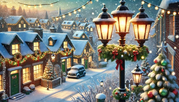 Obraz Snow-covered village with Christmas lights and decorated homes, festive winter charm 