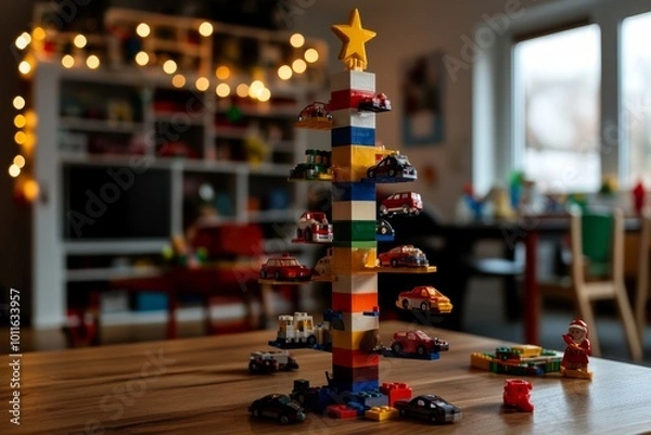 Fototapeta Creative Christmas Tree Made of Colorful Toy Bricks and Cars in Cozy Holiday Setting, New year banner with copy space