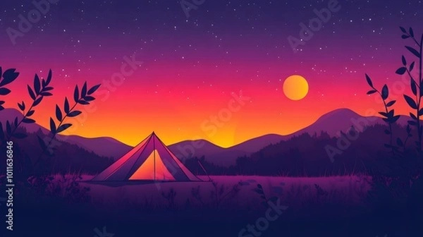 Obraz Minimalist vector art of the setting sun and moon, simple shapes, simple lines, low detail, low resolution, purple-pink-orange gradient background with tents in the foreground