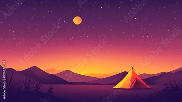 Obraz Minimalist vector art of the setting sun and moon, simple shapes, simple lines, low detail, low resolution, purple-pink-orange gradient background with tents in the foreground