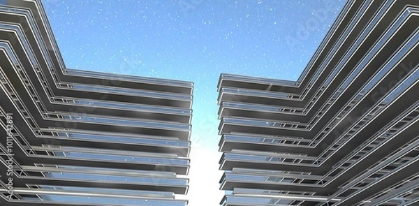 Obraz Bright full moon between the buildings of an advanced residential complex with elongated glass balconies. 3D rendering.