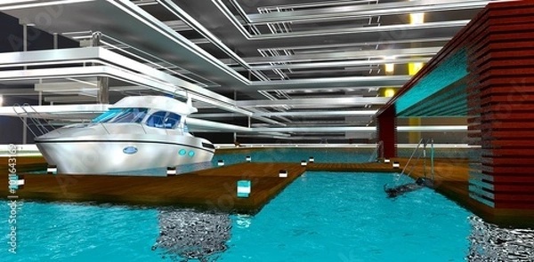 Obraz An exclusive hotel complex on the Mediterranean coast with its own dock for mooring small yachts. 3D rendering.