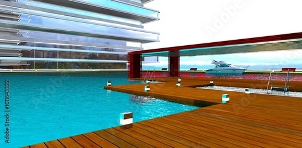 Obraz A walkway along the wooden pier leads to the boarding area for water transport at a prestigious hotel. 3D rendering.