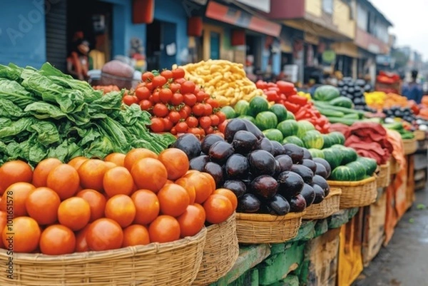 Fototapeta Vibrant Street Market in Lagos, Nigeria: Colorful Fabrics, Fresh Produce, and Busy Atmosphere under Harsh Noon Sunlight Captured with Nikon Z7 II and 50mm Lens