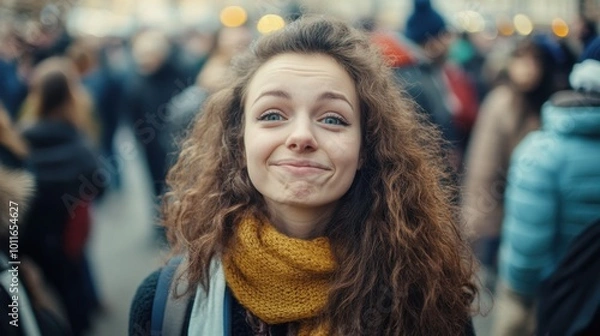 Fototapeta woman standing alone in a crowd looking at camera, her face reflecting deep emotions of happiness and showing a strange funny face