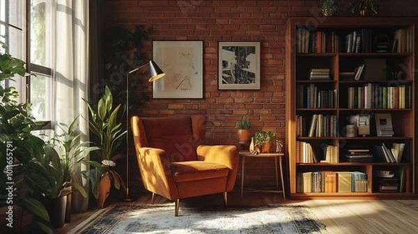 Fototapeta A cozy reading nook with a comfortable armchair, a floor lamp, and a bookshelf filled with books, set against a brick wall. 