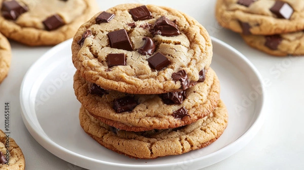 Fototapeta Stack of freshly baked chocolate chip cookies on a white plate, showcasing gooey chocolate pieces and a golden-brown crust