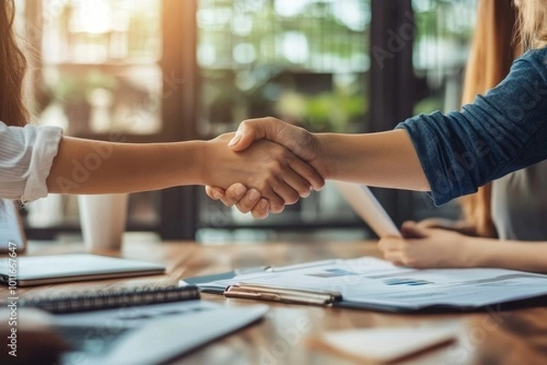 Obraz Handshake, women and finance in office for deal, agreement and proposal or interview at desk. Accounting team, collaboration and approved transaction with people at work table, Generative AI