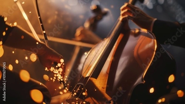 Fototapeta Close-up of a cellist’s hands skillfully playing the cello, bathed in warm, golden light, with a bokeh effect capturing the ambiance and artistry of the performance.