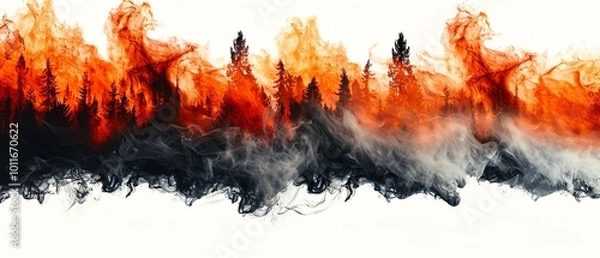 Fototapeta A wildfire spreading across a forest, high-intensity flames, isolated on white background