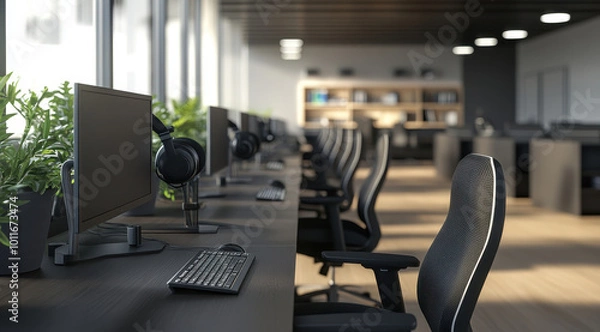 Fototapeta A photo of an office desk with black computer chairs, an over-the-shoulder shot, featuring modern technology equipment and headsets on it. 
