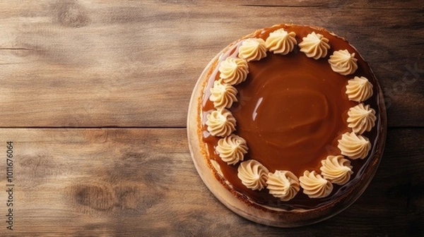 Fototapeta Caramel layer cake on a wooden surface, captured from above with space for captions.