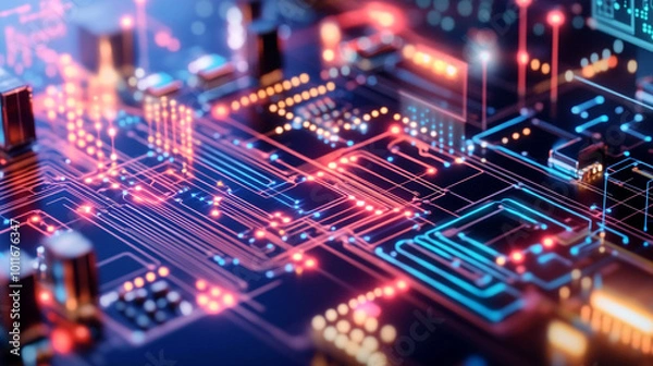 Fototapeta Close-up view of a glowing electronic circuit board with intricate designs and colors at night
