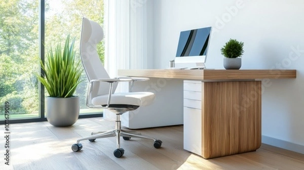Obraz Modern Office Space with Stylish White Chair and Desktop