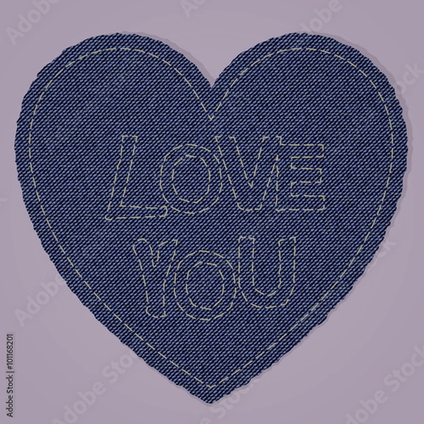 Obraz Valentines Heart as Blue Jeans denim Element. Vector Patch, Fragments on pink Background.
