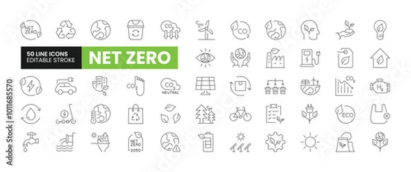 Fototapeta Set of 50 Net Zero line icons set. Net Zero outline icons with editable stroke collection. Includes Recycling, Carbon Neutral, Green Energy, Green City, Eco System, and More.