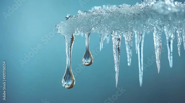 Obraz A water drop falling in slow motion from the tip of an icicle, symbolizing the transition from cold to warmth, water drop from icicle, subtle water transformation