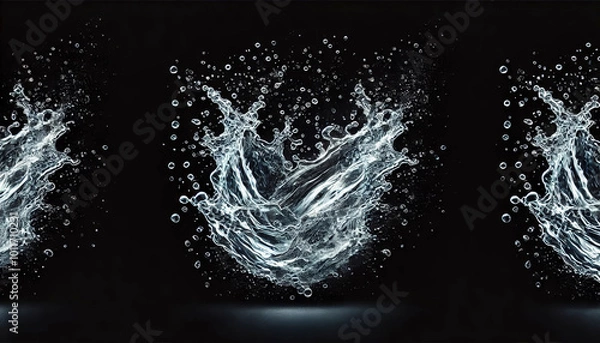 Fototapeta A dynamic splash of water captured in mid-air, with droplets suspended against a dark background. The splash forms an elegant shape, demonstrating the fluidity and energy of water in motion.AI generat