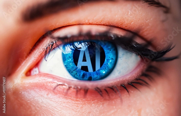 Fototapeta Ai artificial intelligence reflected in the blue eye