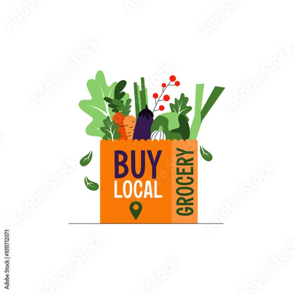 Fototapeta Buy Local with Shopping Bag with Vegetables Isolated on White Background. Vector Illustration of Recyclable Paper Bag with Fresh Food