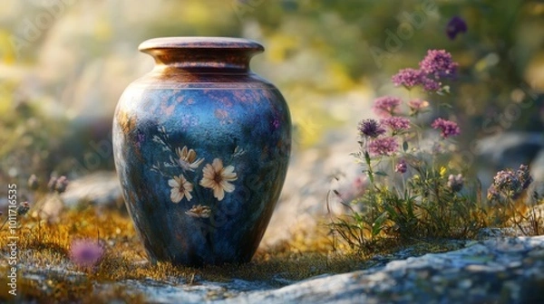 Fototapeta Dignified Funeral Urn for Ashes on Rock Surrounded by Greenery in Outdoor Setting
