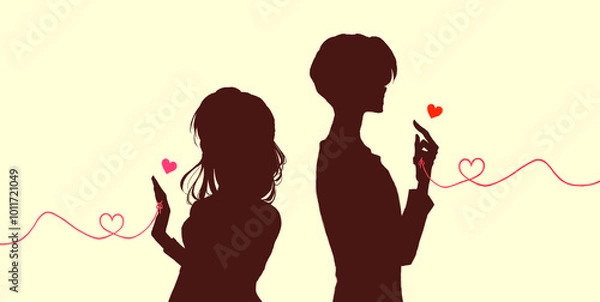 Fototapeta 運命の赤い糸を結んだ男女　影絵