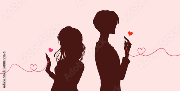 Fototapeta 運命の赤い糸を結んだ男女　影絵