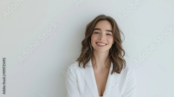 Fototapeta Woman with short hair is smiling and wearing a white jacket. She looks happy and confident. Concept of positivity and self-assurance