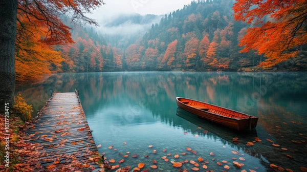 Fototapeta Lonely Wooden Boat on Calm Lake Surrounded by Autumn Forest

