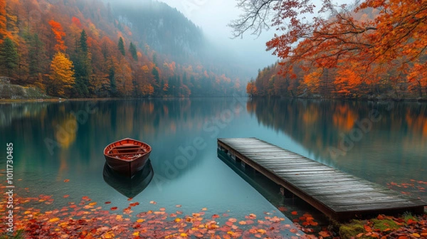 Fototapeta Wooden Dock & Rowboat on Calm Lake Surrounded by Autumn Foliage
