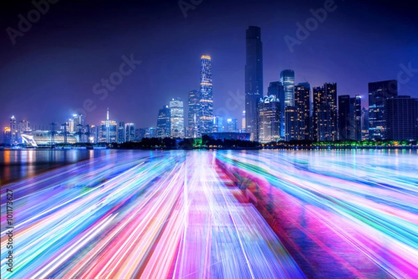 Fototapeta city skyline and light line on the river