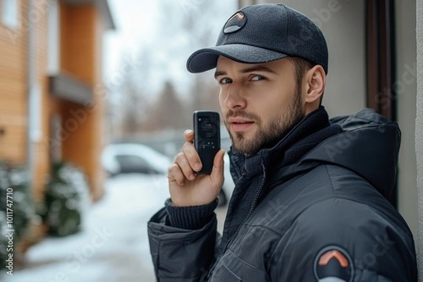 Fototapeta Secure Deliveries by Professional Courier Using Advanced Intercom System, Generative AI