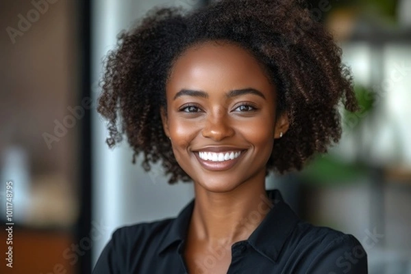 Obraz Face portrait, manager and happy black woman, business leader or employee smile for startup company success. Management, corporate person and headshot, Generative AI