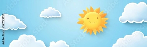 Fototapeta bright sun, cheerful clouds, sunny day, blue sky, cartoon style, playful atmosphere, summer vibes