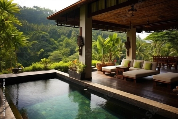 Fototapeta A spa hotel in the jungle. A relaxation area by the pool with lots of tropical plants. A comfortable outdoor furniture in the shade. A luxurious vacation in the heart of nature