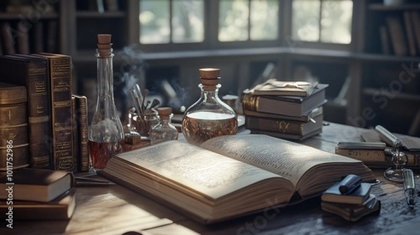 Fototapeta Vintage study corner with open book, antique bottles, and leather-bound tomes on a weathered desk, bathed in soft light from bay windows.