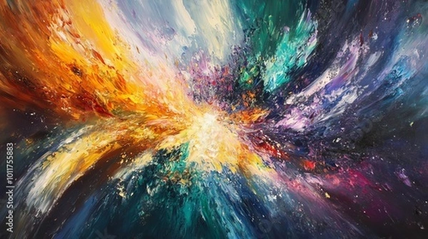 Fototapeta A colorful, swirling painting that looks like a burst of light and color in space.