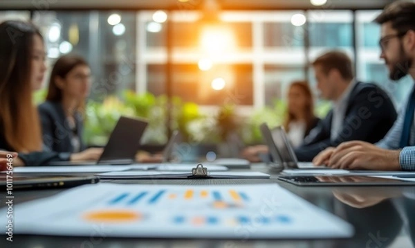 Obraz business formal meeting conference discussion with coworker shareholder or client concentrate private ideas data report analysis businesspeople working find solution together in office, Generative AI