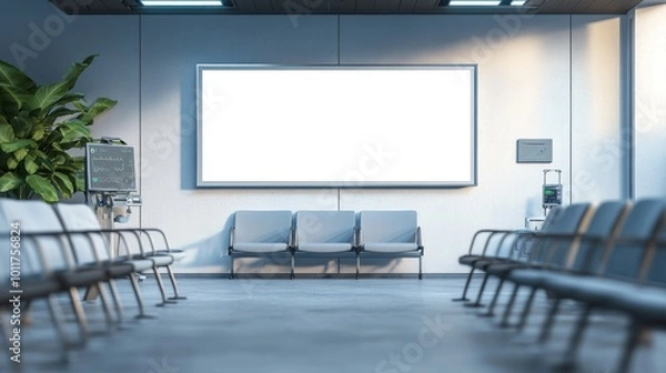 Fototapeta A modern waiting area with empty chairs, a large screen, and medical equipment.