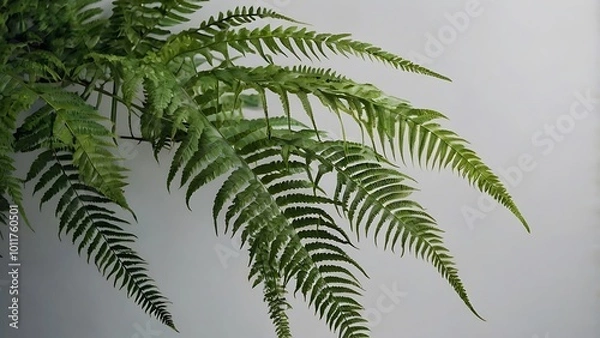 Fototapeta A full fern plant with feathery fronds displayed against a simple light grey background, showcasing its lush and delicate texture.